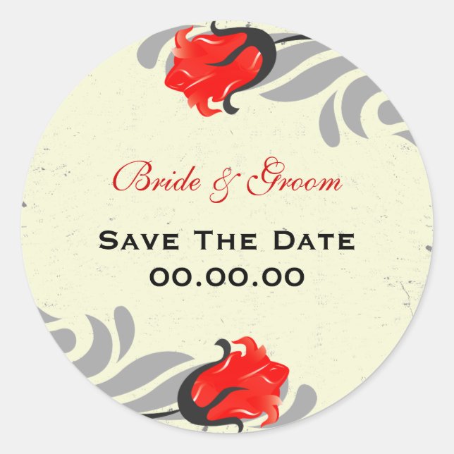 Vintage Red Roses Save The Date Sticker (Front)