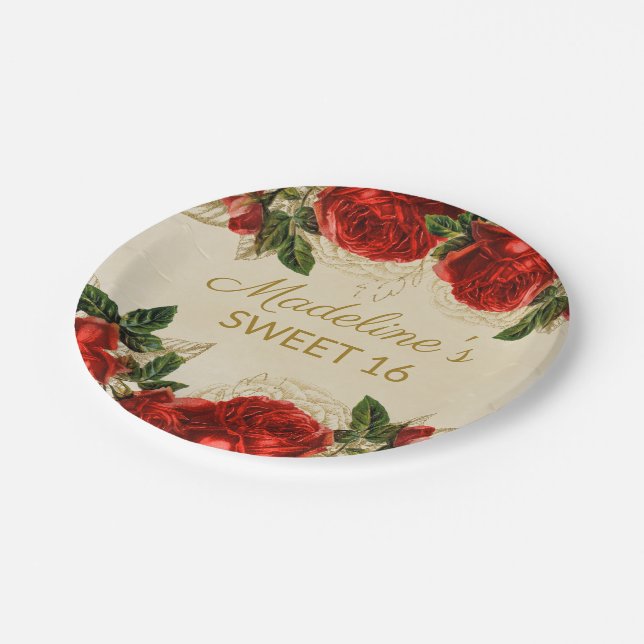 Vintage Red Roses Sweet 16 Birthday   Paper Plate (Angled)