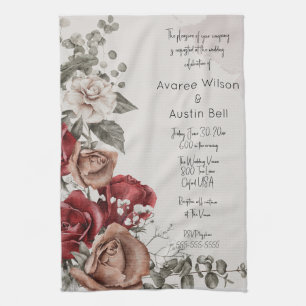 Vintage Red Roses Wedding Invitation Tea Towel