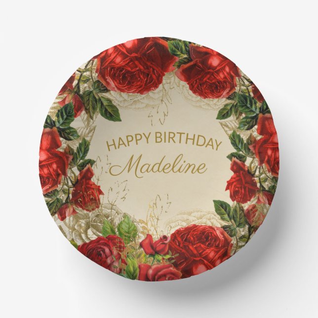 Vintage Red Roses Women's Happy Birthday  Paper Plate (Front)