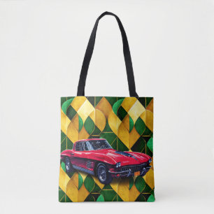 Vintage Red Sport Car On A Green Retro Background Tote Bag