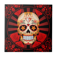 Vintage Red Sugar Skull with Roses Poster