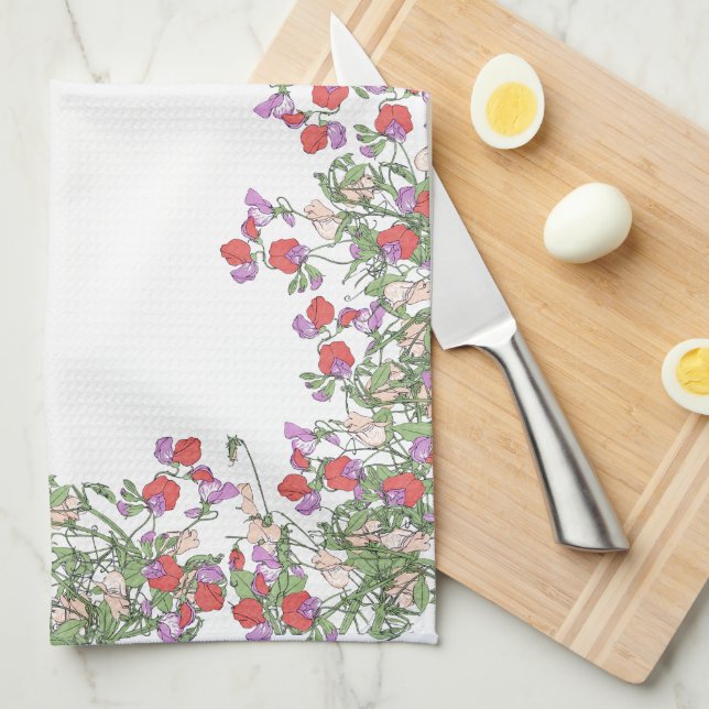 Vintage Red Sweet Pea Flowers Kitchen Towels (Quarter Fold)