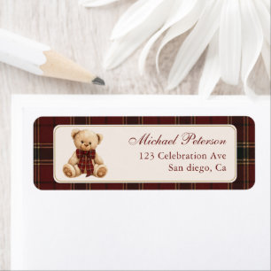 Vintage Red Tartan Teddy Bear Return Address Label