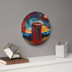 Vintage Red Telephone Box On Colorful Starry Night Large Clock