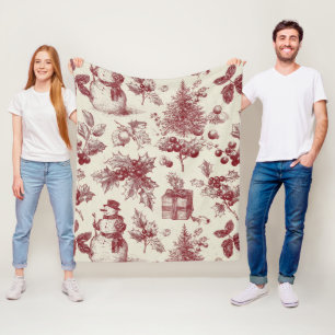 Vintage Red Toile Christmas Botanical - Holly Fleece Blanket
