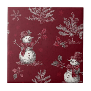 Vintage Red Toile Christmas Botanical - Snowman Ceramic Tile