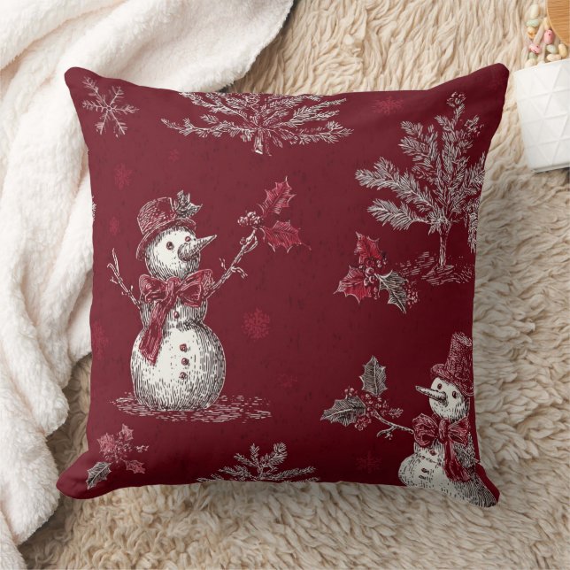 Vintage Red Toile Christmas Botanical - Snowman Cushion (Blanket)