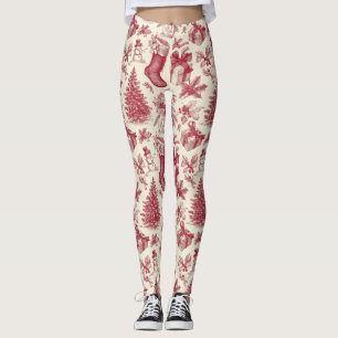 Vintage Red Toile Christmas Pattern with Stockings Leggings