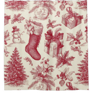 Vintage Red Toile Christmas Pattern with Stockings Shower Curtain