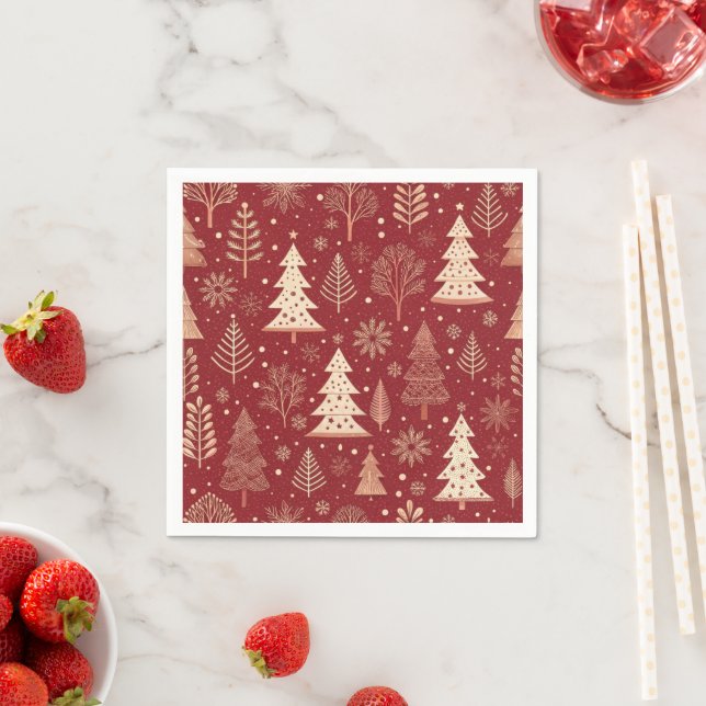 Vintage Red Toile Christmas Tree Pattern Napkin (Insitu)