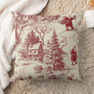 Vintage Red Toile Christmas Village - Santa Cushion