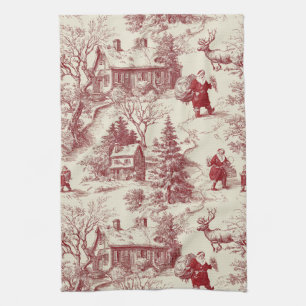 Vintage Red Toile Christmas Village - Santa Tea Towel