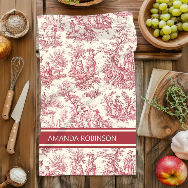 Vintage red toile de jouy printed tea towel (Creator Uploaded)