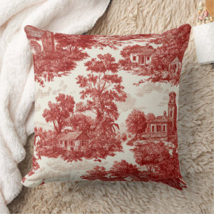 Vintage Red Toile Landscape Nature Pattern Cushion