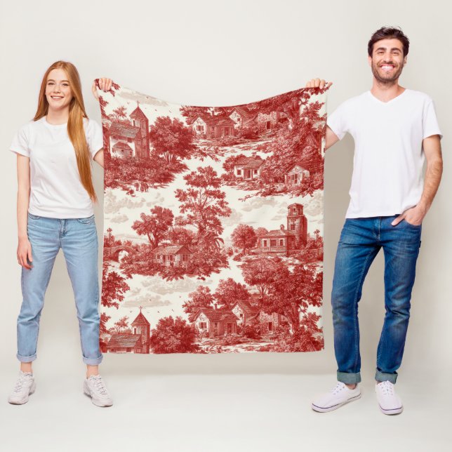 Vintage Red Toile Landscape Nature Pattern Fleece Blanket (In Situ)