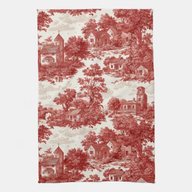 Vintage Red Toile Landscape Nature Pattern Tea Towel (Vertical)