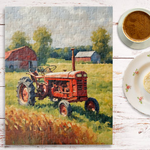 Vintage Red Tractor Farm Rustic Countryside Jigsaw Puzzle