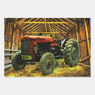Vintage Red Tractor In Barn Wrapping Paper Sheet