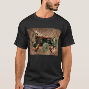 Vintage Red Tractor Rooster Hen Rustic Barn Shed T-Shirt