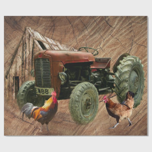 Vintage Red Tractor Rooster Hen Rustic Barn Shed Wrapping Paper