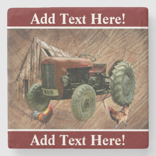 Vintage Red Tractor Rustic Barn Rooster Hen Stone Coaster