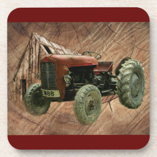 Vintage Red Tractor Rustic Barn Shed Coaster