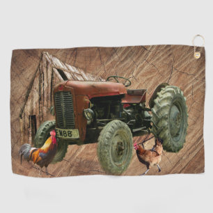 Vintage Red Tractor Rustic Barn Shed Hen Rooster Golf Towel