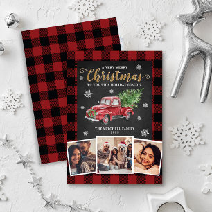 Vintage Red Truck 3 Photo Buffalo Plaid Christmas Holiday Card