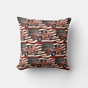 Vintage Red Truck American Flag Cushion