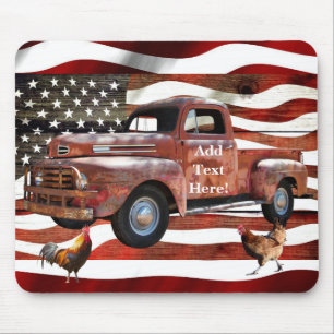Vintage Red Truck American Flag Rooster Hen Mouse Pad