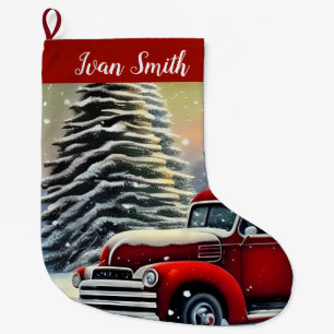 Vintage Red Truck and Christmas Trees Cute Snow Large Christmas Stocking