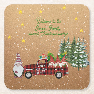 Vintage Red Truck and Gnomes Christmas Party Square Paper Coaster
