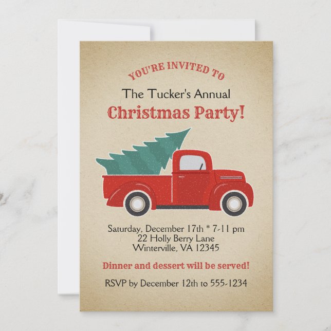 Vintage Red Truck and Tree Christmas Party Invitation (Front)