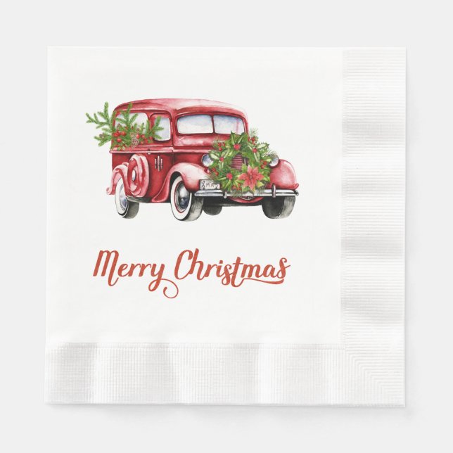 Vintage Red Truck Car Christmas Paper Napkins (Front)
