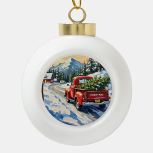 Vintage Red Truck Carrying Christmas Tree Ceramic Ball Christmas Ornament
