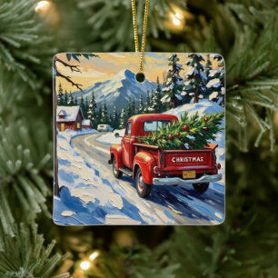 Vintage Red Truck Carrying Christmas Tree Ceramic Ornament