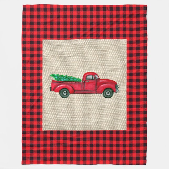 Vintage Red Truck Christmas Large Fleece Blanket (Front)