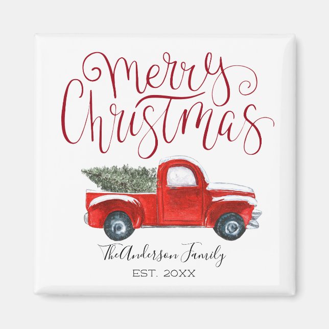Vintage Red Truck Christmas Magnet (Front)