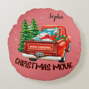 Vintage Red Truck Christmas Movie Round Cushion