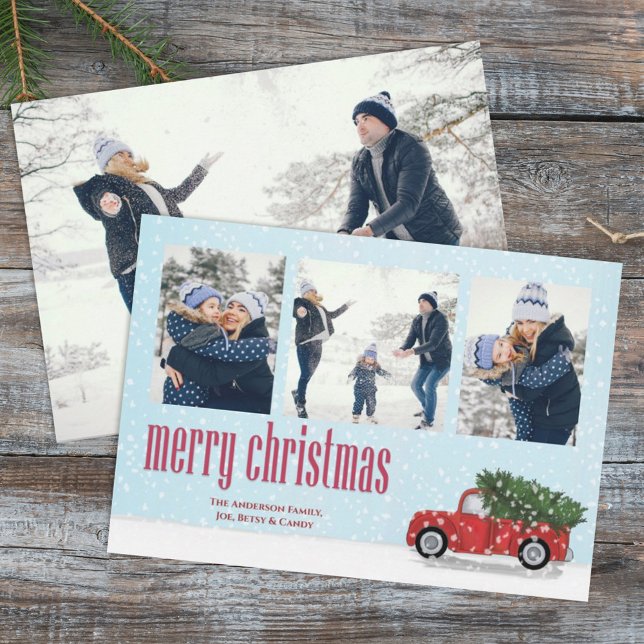 Vintage Red Truck Christmas Photo Card 4 Photo (Merry Christmas cute holiday rustic red truck photo card with a simple photo on the back. )