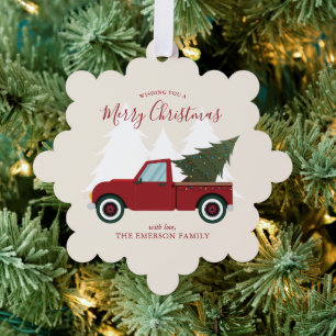 Vintage Red Truck Christmas Photo Tree Decoration Card