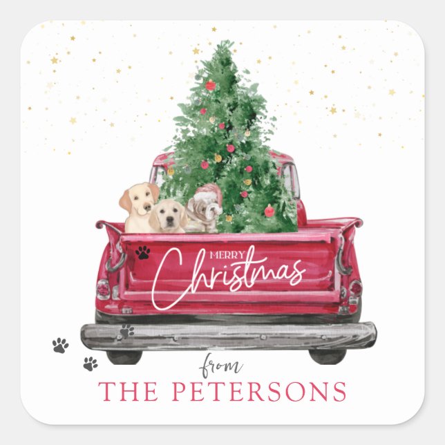 Vintage Red Truck | Christmas Puppies Pawprint  Square Sticker (Front)