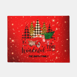 Vintage red truck Christmas time Doormat