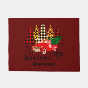 Vintage red truck Christmas time Doormat