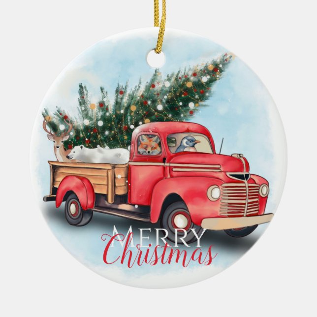 Vintage Red Truck Christmas Tree Ceramic Ornament (Front)