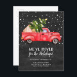 Vintage red truck Christmas tree chalkboard moving Announcement Postcard<br><div class="desc">Vintage retro red truck watercolor illustration and green Christmas tree moving announcement with white snow on rustic country black chalkboard background. Perfect winter and holidays moving announcement.</div>
