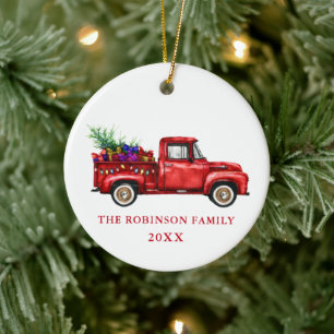 Vintage Red Truck Christmas Tree Gifts Family Year Ceramic Ornament