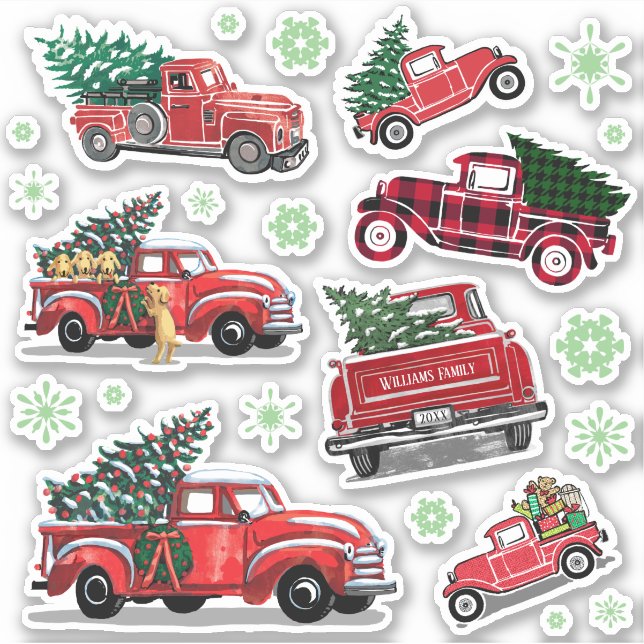 Vintage Red Truck Christmas Tree Green Snowflakes (Front)