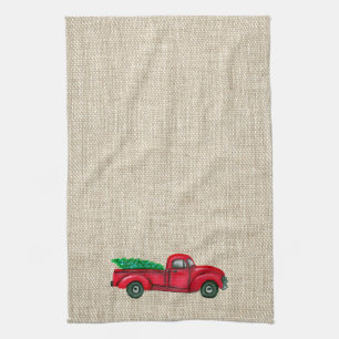 Vintage Red Truck Christmas Tree Kitchen Towel